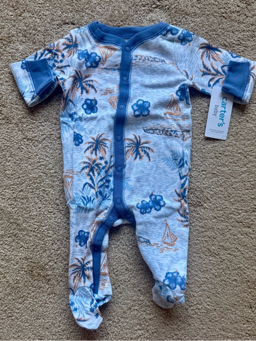 Carter's Blue and Tan Tropical Sailboat Footie Pajamas